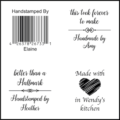 Just a few of the fun custom stamp designs (handstamped by and handmade by) from Repeat Impressions.